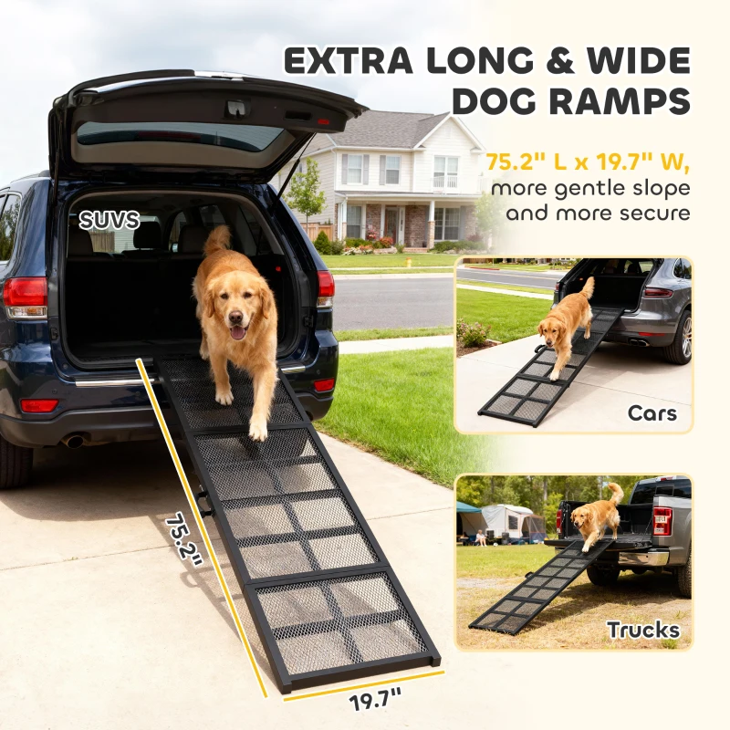 PawHut Dog Car Ramp, 75" x 20" Extra Long and Wide, Non-Slip Surface, Folding Portable Pet Ramp for Large, Small & Senior Dogs