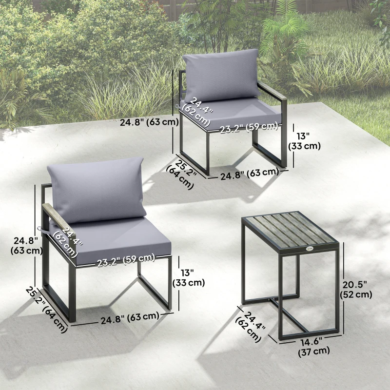Outsunny Outdoor Bistro Set, Patio Furniture Set with 2 Chairs and Side Table for Garden Balcony Poolside, Grey