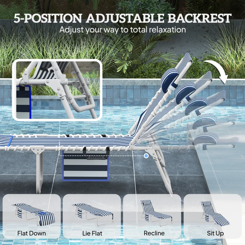 Outsunny Tanning Chair Set of 2 with Face Hole and Side Table, 5-Position Folding Outdoor Chaise Lounge Chair, Blue and White