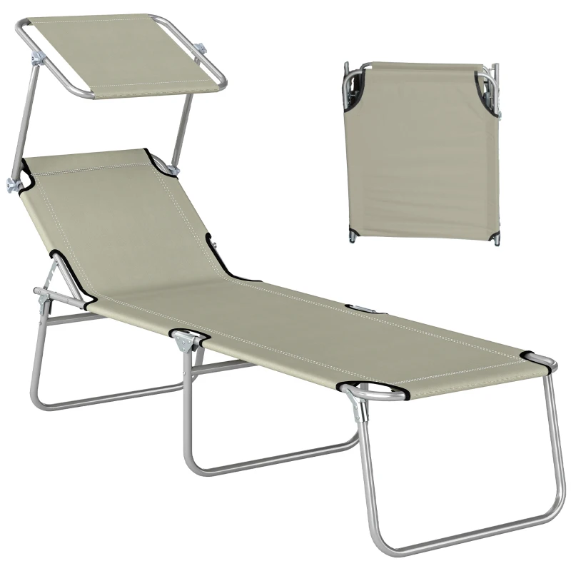 Outsunny Outdoor Pool Chaise Lounge Chair, Folding Tanning Chair with Sun Shade, Cream White