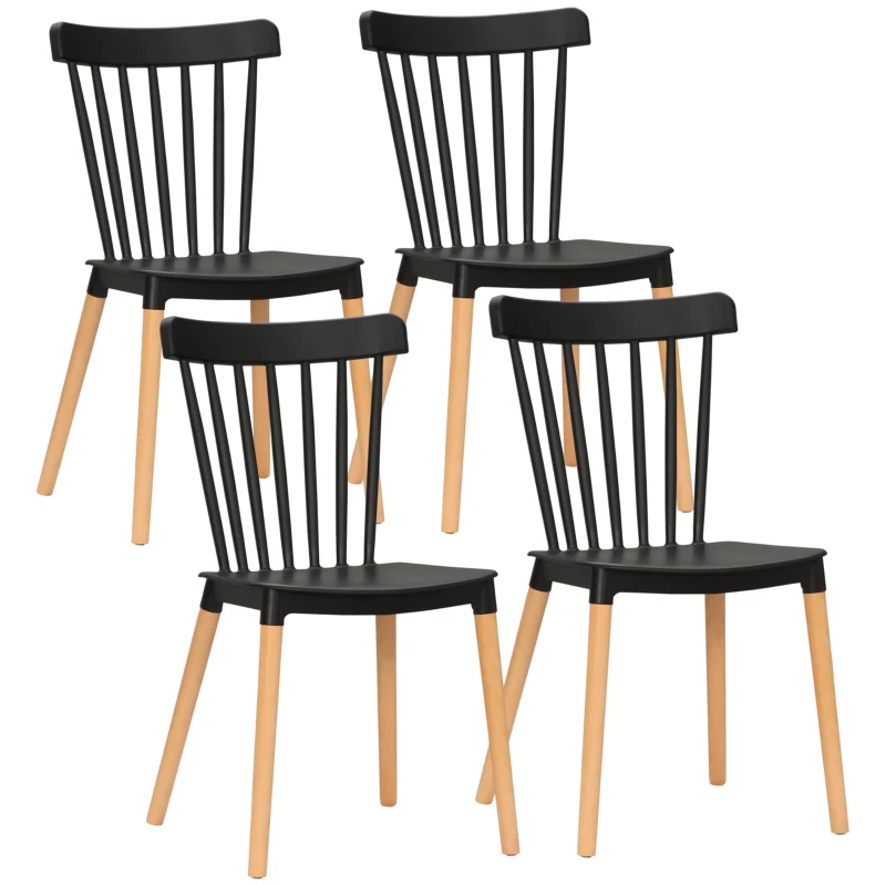 HOMCOM Dining Chairs Set of 4, Modern Kitchen Chair with Slatted Back, PP Seat, Beechwood Legs for Living Room, Black