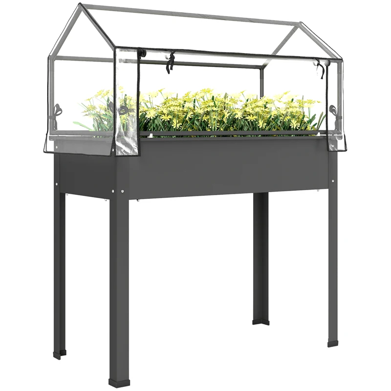 Outsunny Elevated Garden Box with Greenhouse Cover, Raised Garden Bed with Legs and Drainage Hole for Vegetables, Dark Gray