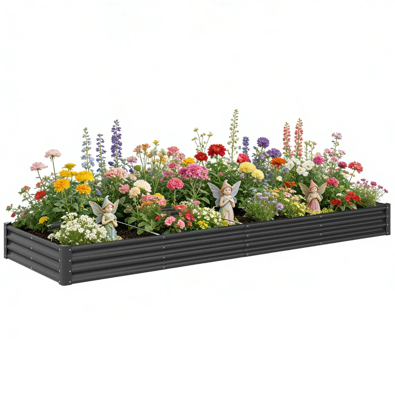 Outsunny 12 x 4 x 1ft Galvanized Raised Garden Bed, Reinforced Outdoor Planter Box with Open Bottom, Dark Grey