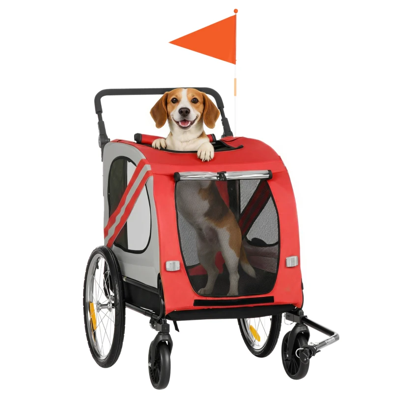 Aosom Dog Bike Trailer, 2-in-1 Dog Wagon Pet Stroller for Travel with Universal Wheel Reflectors Flag, for Small and Medium Dogs, Red