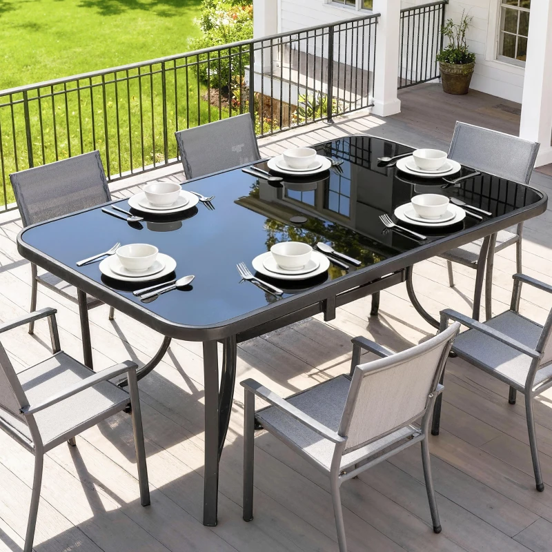 Outsunny Outdoor Dining Table for 6 with Umbrella Hole, Metal Patio Dining Table with Tempered Glass Top