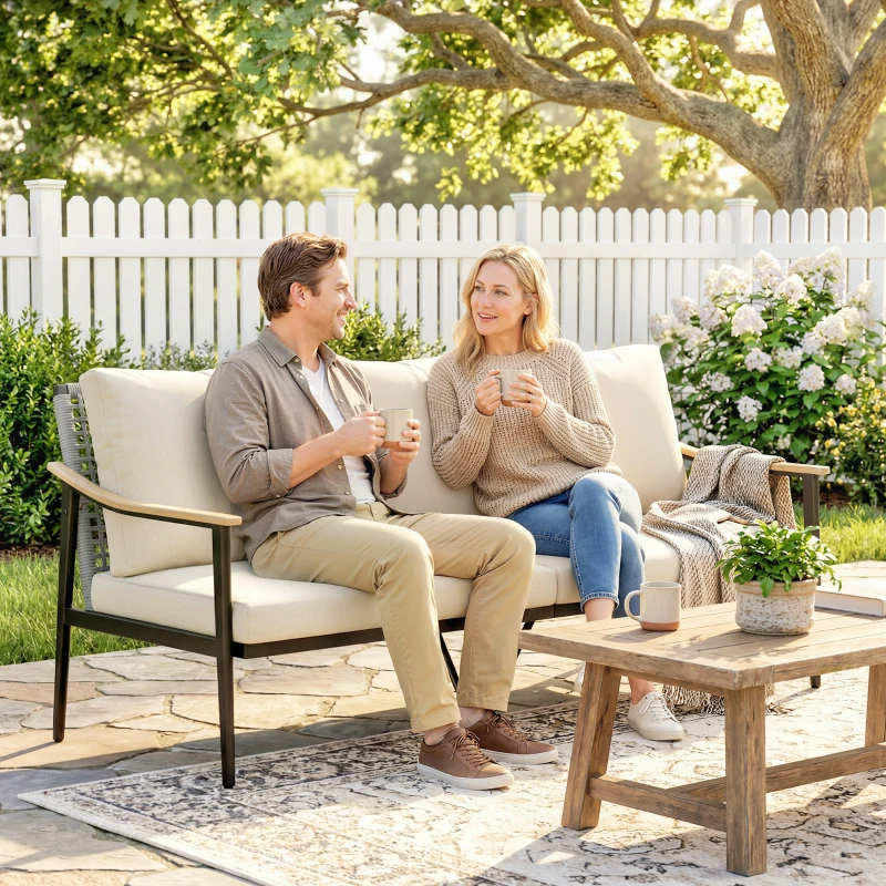 Outsunny 3 Seater Outdoor Patio Sofa, Outdoor Couch with Wood-Effect Armrests, Wicker Backrest, Cushions for Garden Yard, Khaki