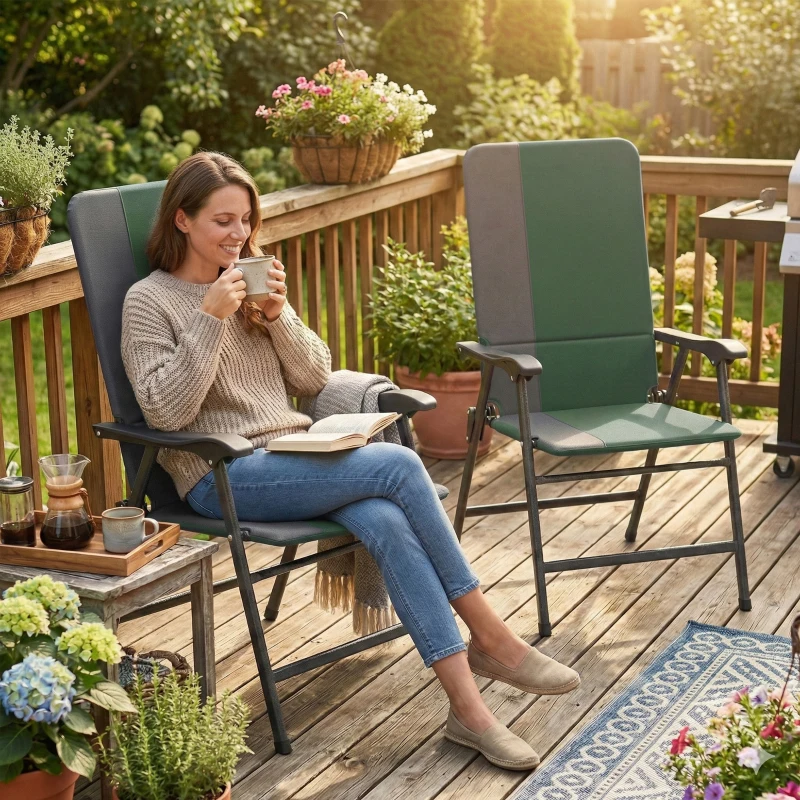 Outsunny Folding Patio Chairs Set of 2, Padded High Back Lawn Camping Chairs with Armrests, 600D Oxford Fabric, Dark Green