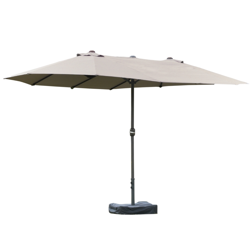 Outsunny 15' Outdoor Patio Umbrella with Twin Canopy Sunshade Steel Table Umbrella w/ Lift Crank, Cross base, Sandbag, Light Grey