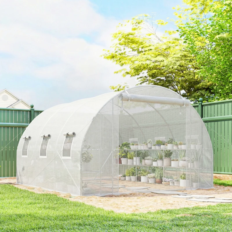 Outsunny 10'x11'x6' Walk-in Tunnel Greenhouse with Shelves, Mesh Door and Windows, Hoop House Greenhouse with PE Cover, White