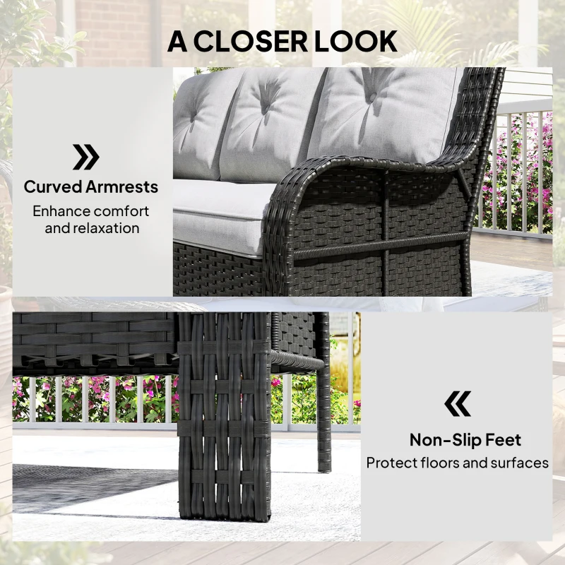 Outsunny Wicker Patio Sofa with Cushions, 3 Seater Rattan Outdoor Couch for Patio, Garden, Porch, Backyard, Light Grey