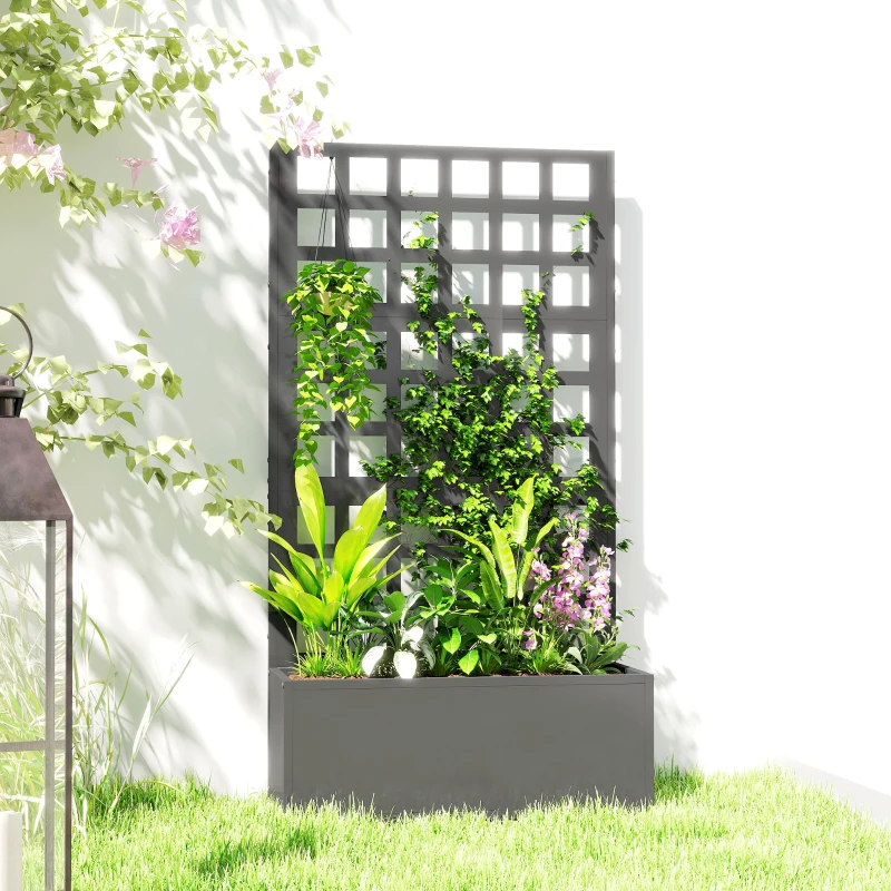 Outsunny Galvanized Raised Garden Bed Planter Box with Trellis for Climbing Plants, Vegetable, Vines, 24" x 9" x 44.5", Gray