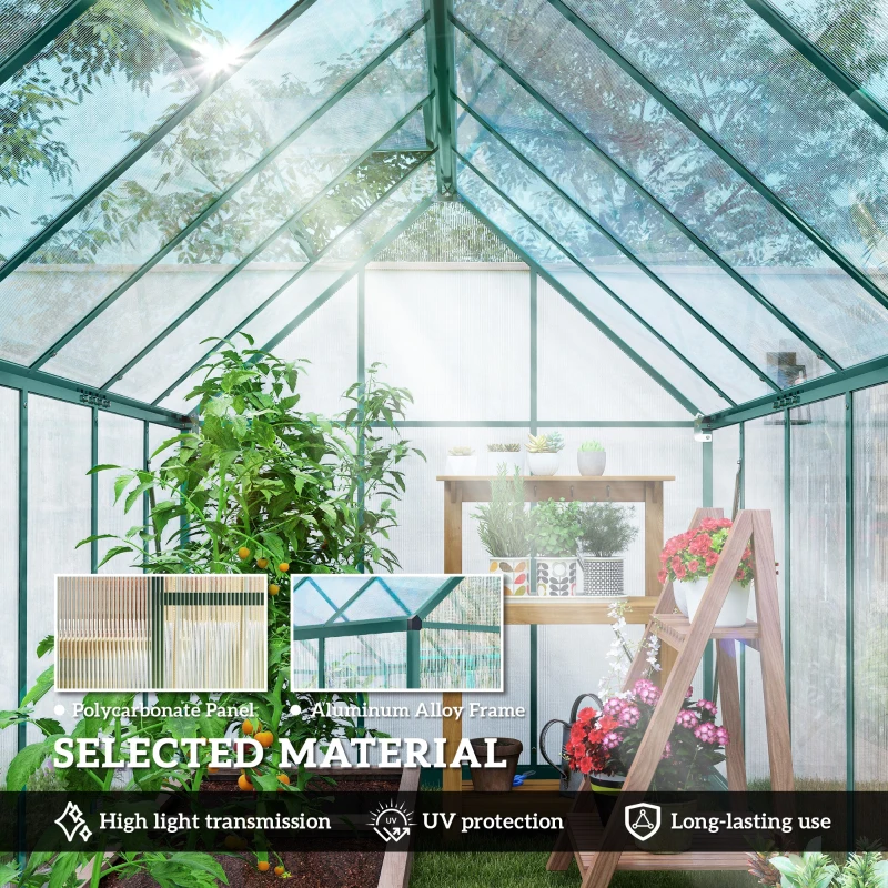 Outsunny Polycarbonate Greenhouse with Swing Door and Two Adjustable Roof Vents, Aluminum Walk-in Greenhouse, 11x6 ft, Dark Green