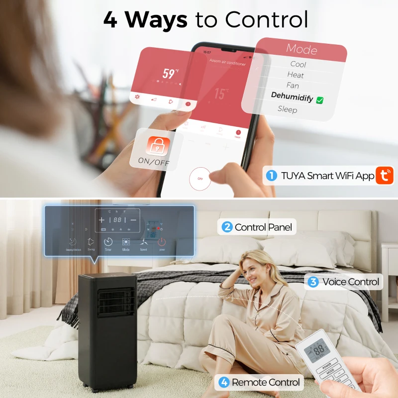 HOMCOM 8000 BTU Portable 4-in-1 Air Conditioner with Cool, Dehumidifier, Fan, Sleep, WiFi Voice Remote Control, Black