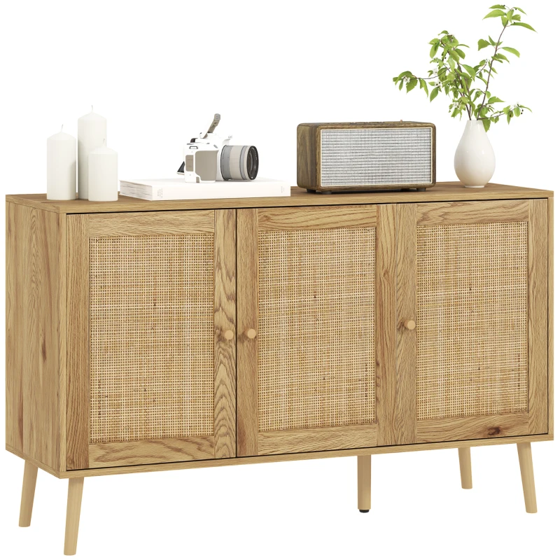 HOMCOM Bohemian Sideboard with Rattan Doors & Adjustable Shelf, Natural Wood Finish