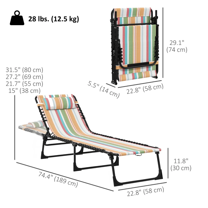 Outsunny 2pcs Folding Lounge Chair, Adjustable Chaise Lounge with Headrest, Reclining Lounger Cot for Camping, Multi-colored