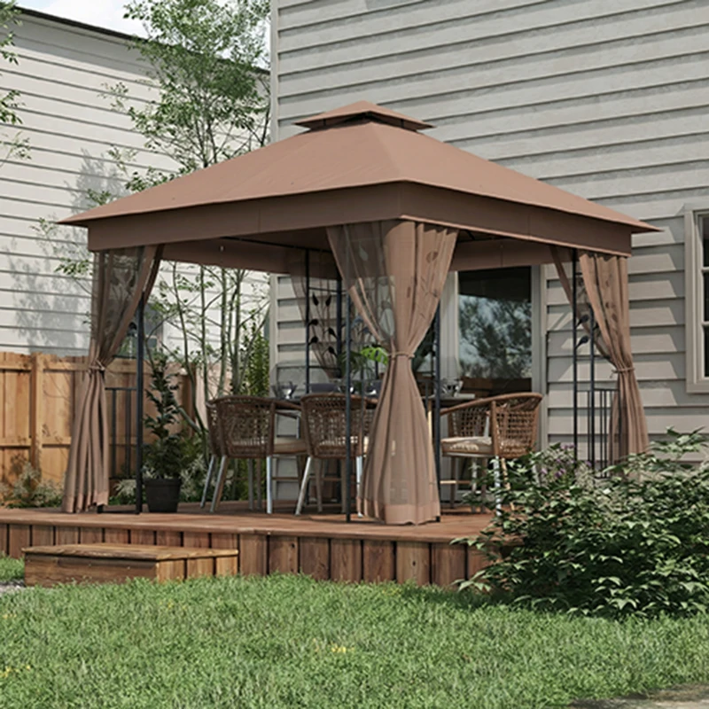 Outsunny 10'x10' Soft-top Steel Patio Gazebo Outdoor Sun Shelter with 2-Tier Polyester Roof, Curtain Sidewalls, Dark Brown