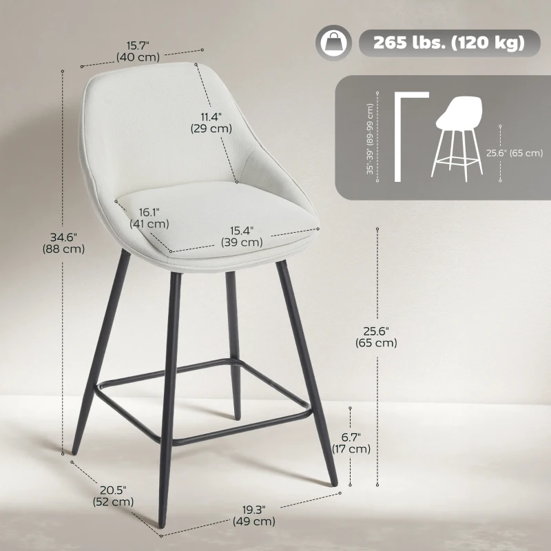 HOMCOM 26" Counter Height Barstools Set of 2, Upholstered Swivel Bar Stools with Backrests and Armrests, Cream White