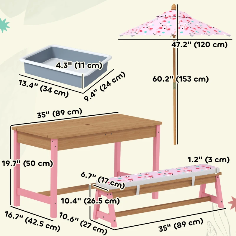 Qaba Kids Picnic Table and Bench Set with Removable Umbrella, Cushions & Boxes, Flamingo Theme for Outdoor, Pink