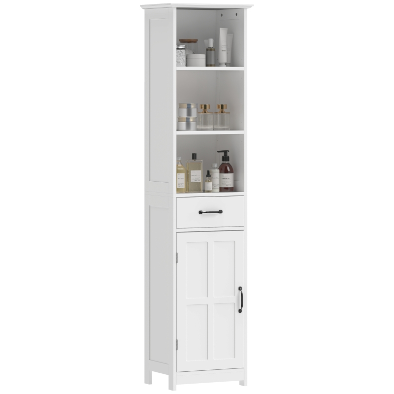kleankin Modern Bathroom Cabinet, Narrow Bathroom Vanities with 3 Open Shelves, Drawer and Adjustable Shelf, White