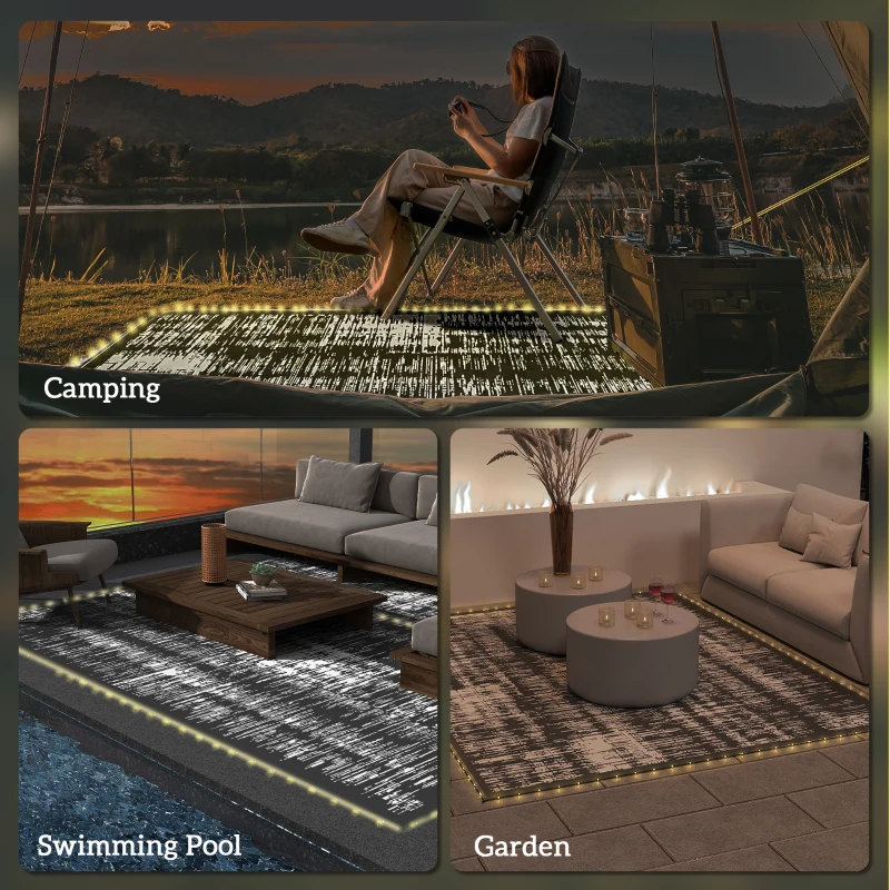 Outsunny Reversible Outdoor Rug Carpet with LED Lights, Carry Bag & Ground Stakes for Backyard, Deck, Picnic, Beach, 10' x 8'