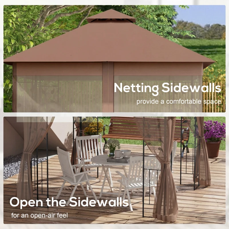 Outsunny 10'x10' Soft-top Steel Patio Gazebo Outdoor Sun Shelter with 2-Tier Polyester Roof, Curtain Sidewalls, Dark Brown