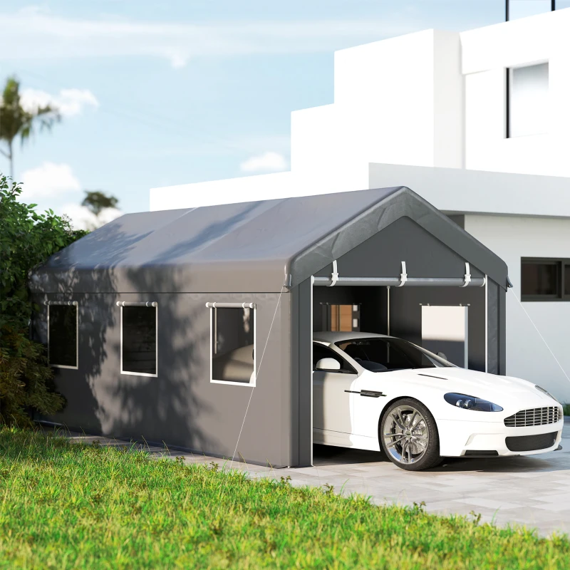 Outsunny 10' x 20' Carport, Heavy Duty Portable Garage with 6 Mesh Windows and 2 Doors, Dark Grey
