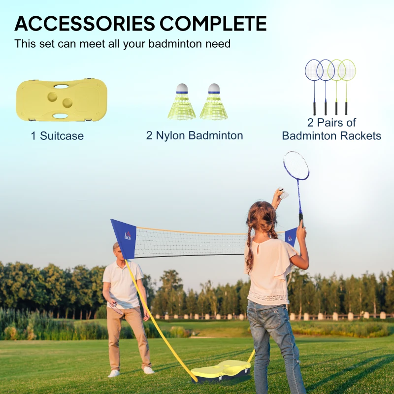HOMCOM Portable Badminton Net Set with 9.5x5 ft Net, Foldable Badminton Net with 2 Shuttlecocks, 2 Badminton Rackets and 1 Suitcase, for Indoor Outdoor, Beach, Backyard