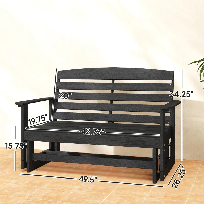 Outsunny Patio Glider Bench w/ HDPE Slatted Double Rocking Chair, Distressed Black