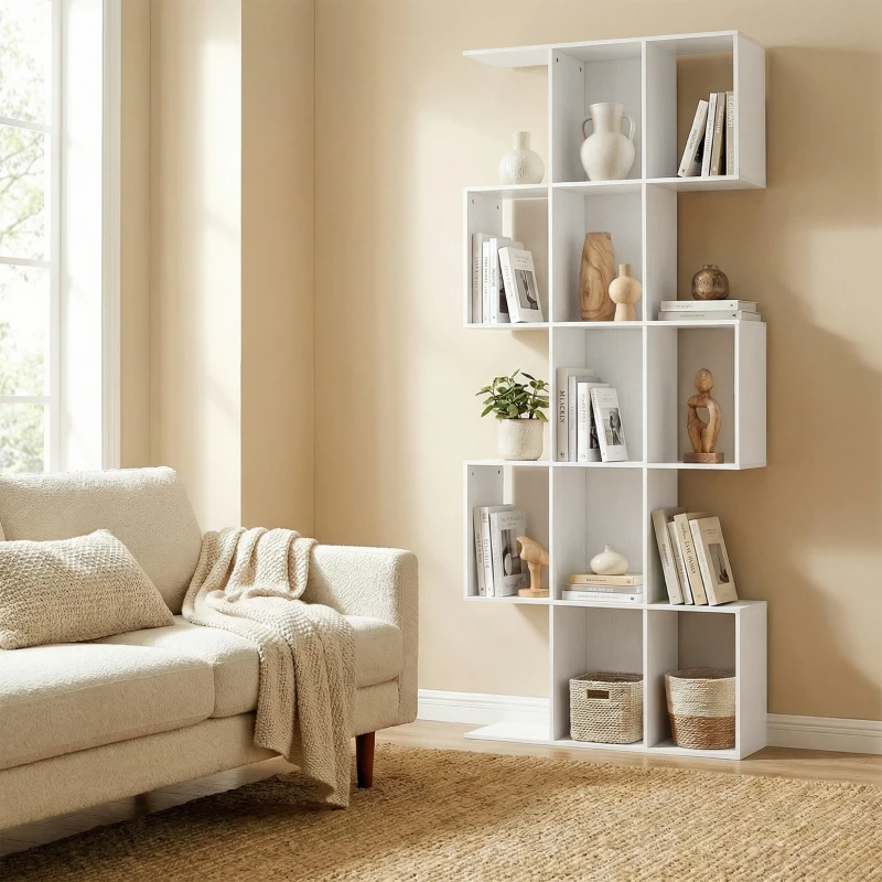 HOMCOM 5-Tier Bookshelf, S Shaped Geometric Bookcase with 15 Compartments, White Wood Grain