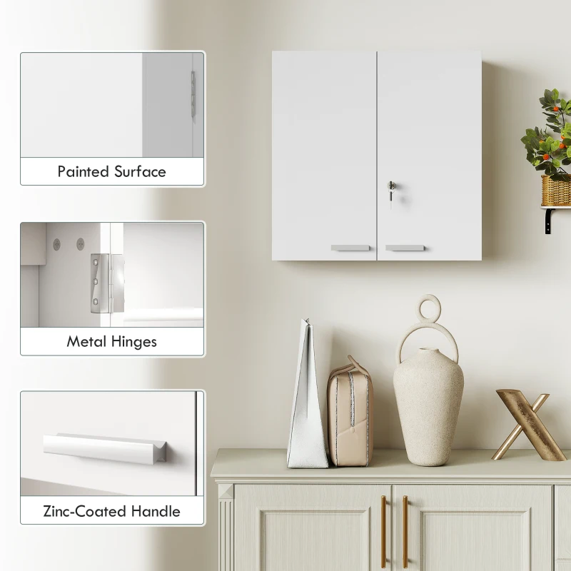 HOMCOM Wall Mount Medicine Cabinet, Bathroom Cabinet with 4 Tier Shelves, Lockable with 2 Keys for Kitchen, White