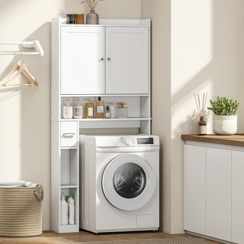 HOMCOM Modern Over the Toilet Storage Cabinet with 2 Doors, Above Commode Storage Cabinet with Toilet Paper Holder, White