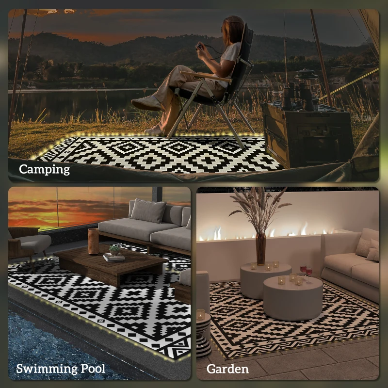 Outsunny Outdoor Rug Carpet Reversible Plastic Straw Rug with LED Lights Black and White 12' x 9' for Patio