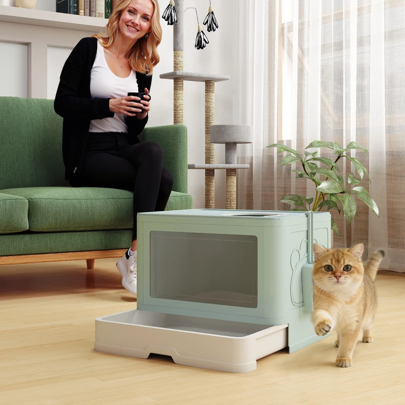 PawHut Cat Litter Box, Front Enter & Top Exit Cat Litter Tray with Scoop, Pull-out Tray, Easy to Clean, Green
