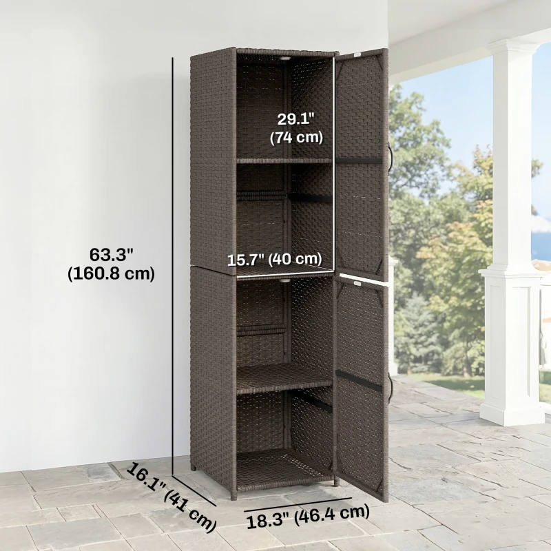 Outsunny Wicker Outdoor Storage Cabinet, 4 Shelf Patio Storage Cabinet with Adjustable Shelves and Magnetic Doors, Brown