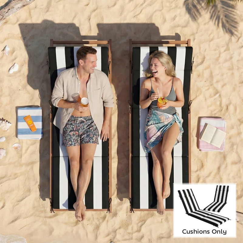 Outsunny Outdoor Chaise Lounge Cushions Set of 2 with 6 Ties, High-Density Foam, for Patio and Poolside, Black and White