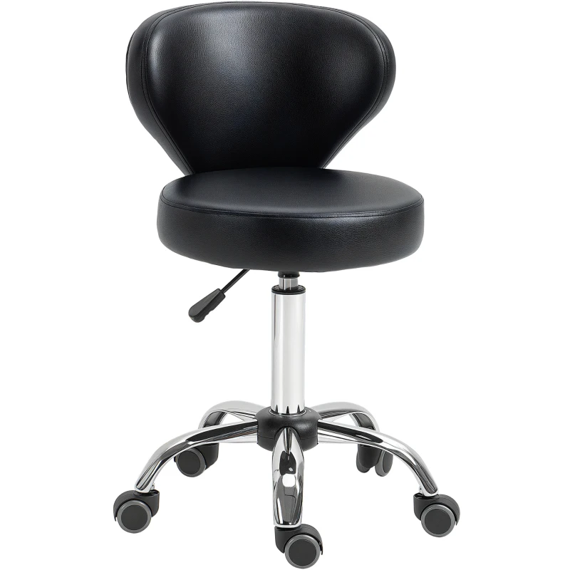HOMCOM Adjustable Swivel Salon Stool with Backrest and Wheels, Office & Living Room Chair, Synthetic Leather, Black