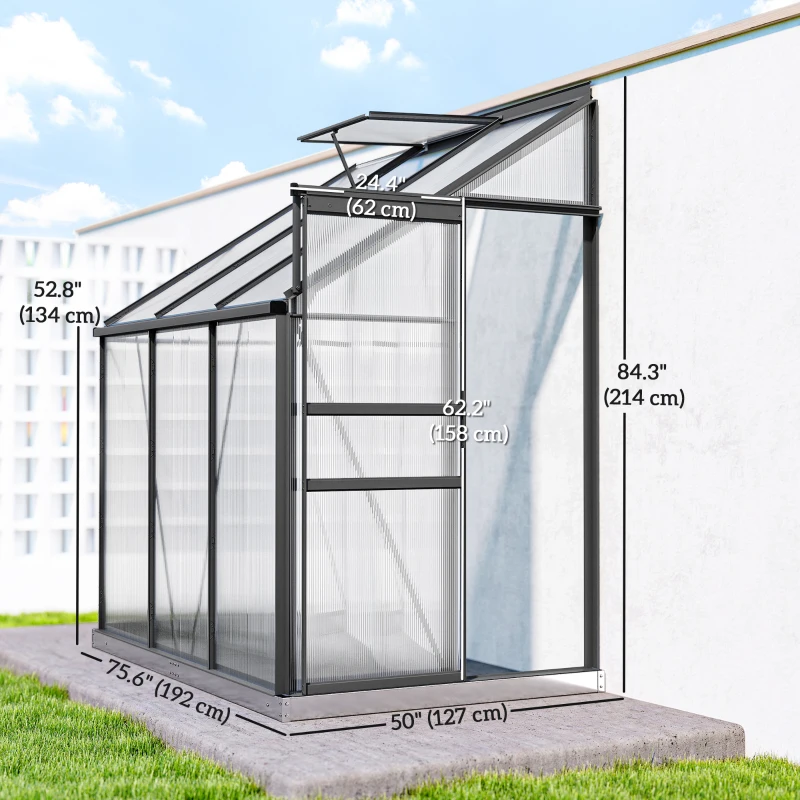 Outsunny Aluminum Lean-to Greenhouse Polycarbonate Walk-in Greenhouse with Rain Gutter and Sliding Door, 6' x 4', Dark Grey