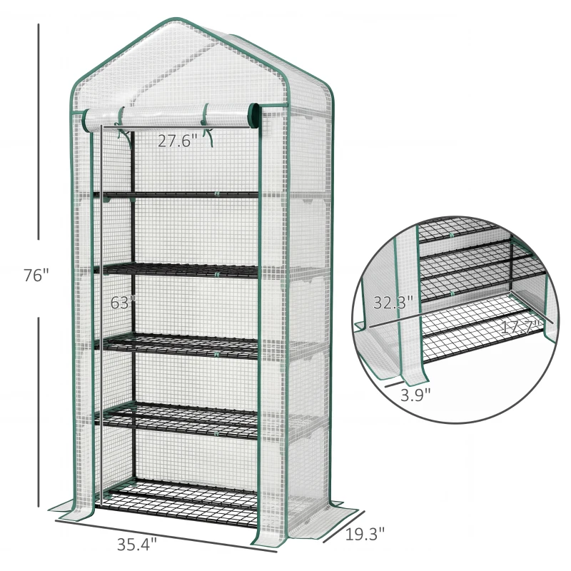 Outsunny 5 Tier Mini Greenhouse, Small Portable Greenhouse with PE Cover, Roll-Up Zippered Door, 76" x 35.4" x 19.3", White