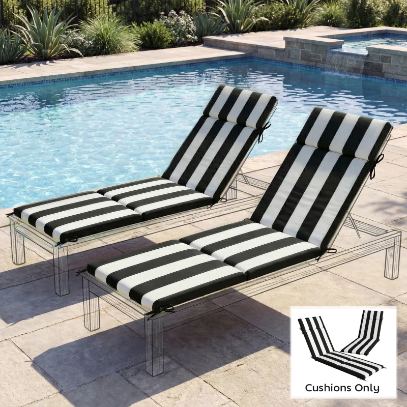 Outsunny Outdoor Chaise Lounge Cushions Set of 2 with 6 Ties, High-Density Foam, for Patio and Poolside, Black and White