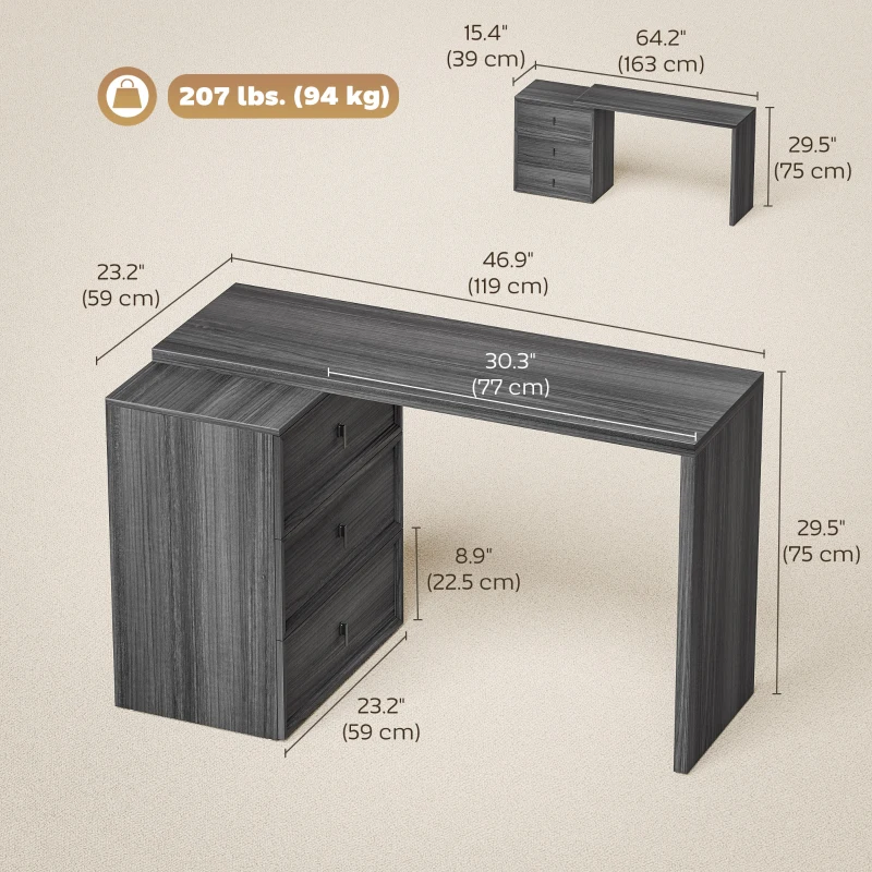 HOMCOM L Shaped Computer Desk Home Office Desk with 3 Drawers Black Wood Grain