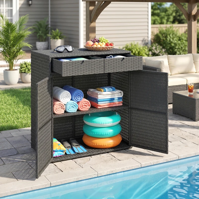 Outsunny Wicker Outdoor Storage Cabinet with 2 Doors and Drawers, 2-Tier Shelf Rattan Patio Storage Cabinet, Dark Grey