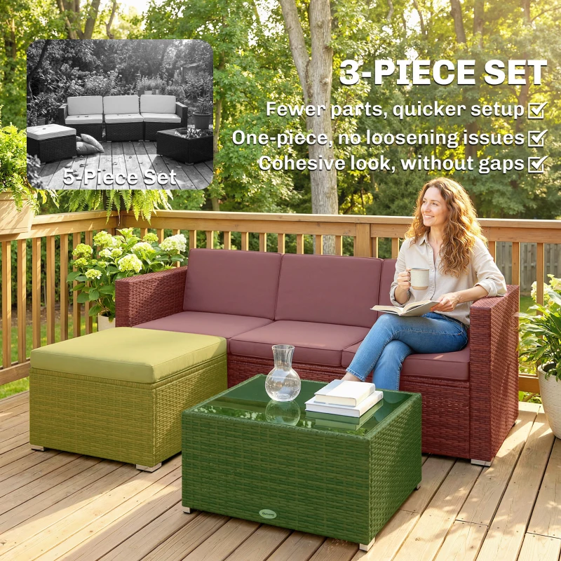 Outsunny 3 Pieces Patio Furniture Set with Cushions, Outdoor PE Rattan Wicker Conversation Corner Sofa Set with Glass Top Table