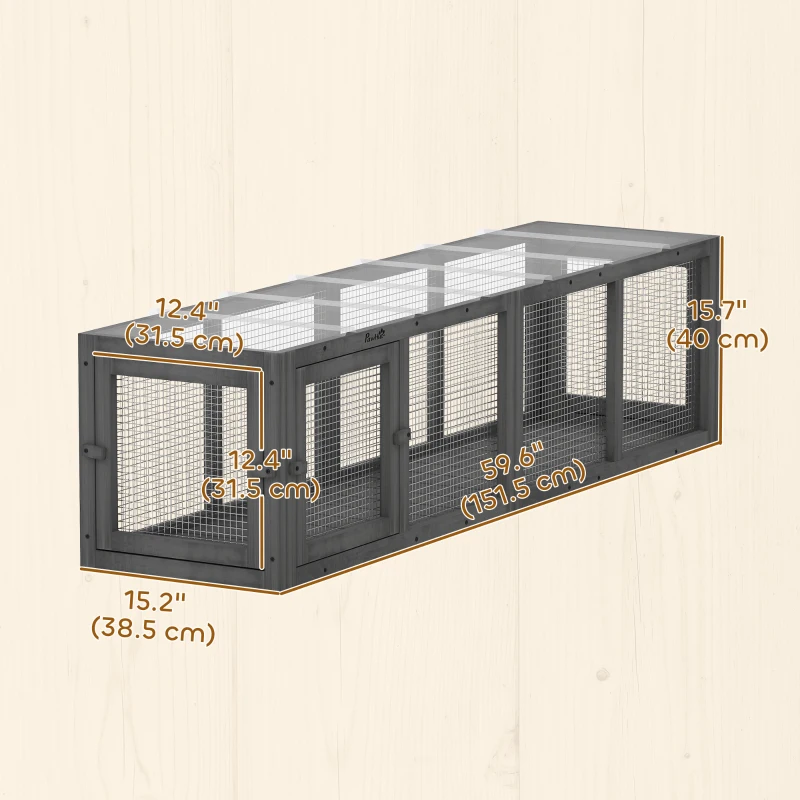 PawHut Outdoor Cat Tunnel, Wooden Play Cat Enclosure, Extendable Pet Run with 3 Doors, for Indoor and Outdoor Use, Grey