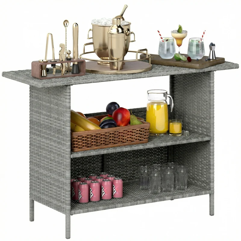 Outsunny Wicker Outdoor Bar Table, PE Rattan Bar Height Patio Table with 2 Shelves, Steel Frame for Garden, Backyard, Dark Grey