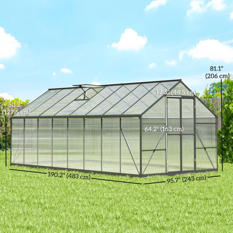 Outsunny Polycarbonate Greenhouse, Walk-in Green House with Two Top Windows, Rain Gutter and Swing Door, 8' x 16' x 7', Dark Grey