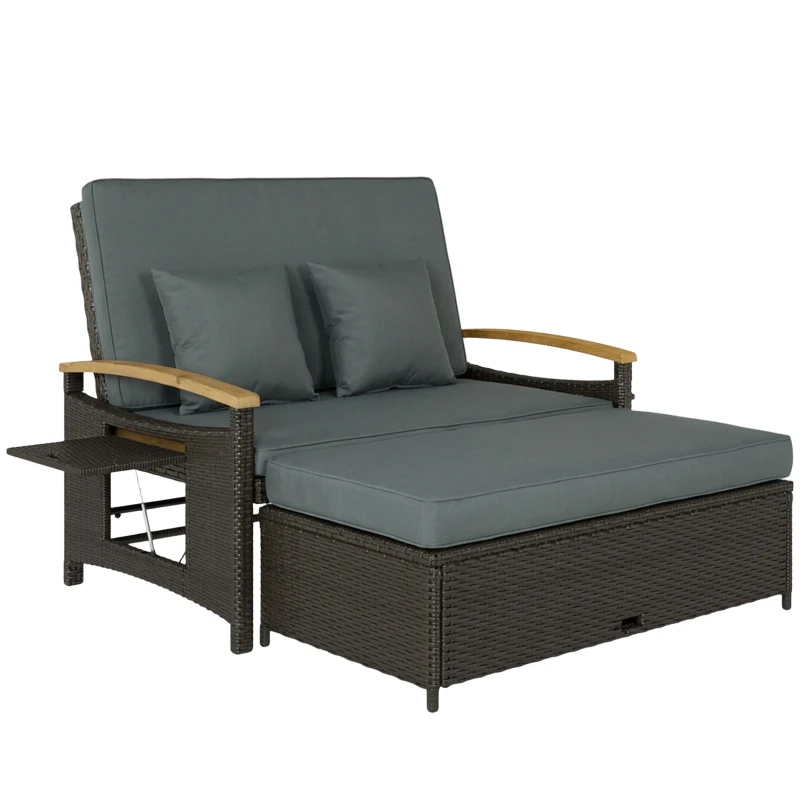 Outsunny Rattan Outdoor Daybed w/4-Level Adjustable Backrest, Patio Sofa Bed w/Storage Ottoman, Acacia Wood Armrest, Mixed Gray