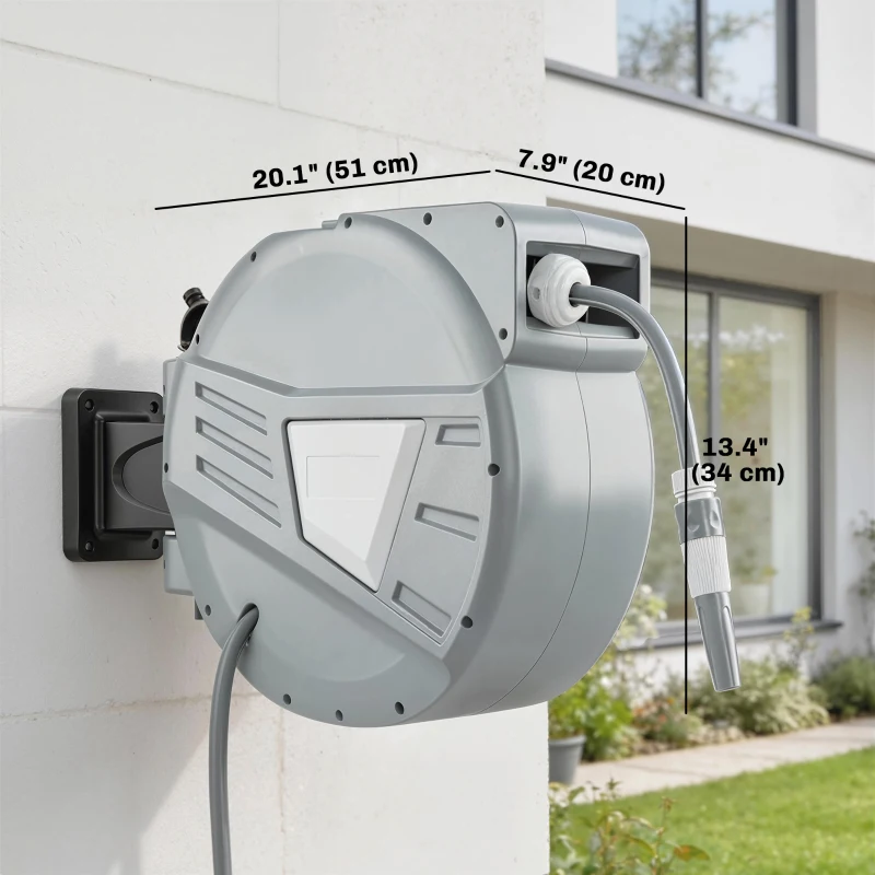 Outsunny Retractable Garden Hose Reel, 1/2" x 66ft Wall Mounted Hose Reel with Auto Retraction, Self-Locking, Grey