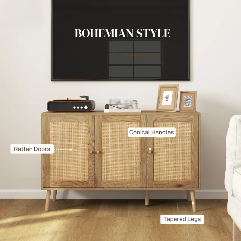 HOMCOM Bohemian Sideboard with Rattan Doors & Adjustable Shelf, Natural Wood Finish
