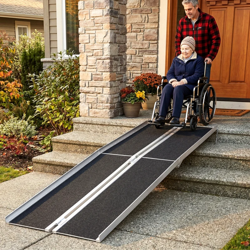 HOMCOM 10' Skidproof Portable Wheelchair Ramp for Home, Steps, Doorways, Carpeted Foldable Handicap Ramp, Threshold Ramp
