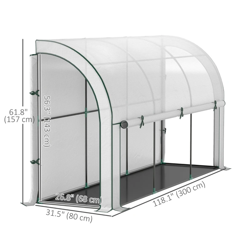 Outsunny Walk-in Lean-to Greenhouse, Outdoor Gardening Green House with Zipper Roll-up Doors and Window, 10' x 3' x 5', White